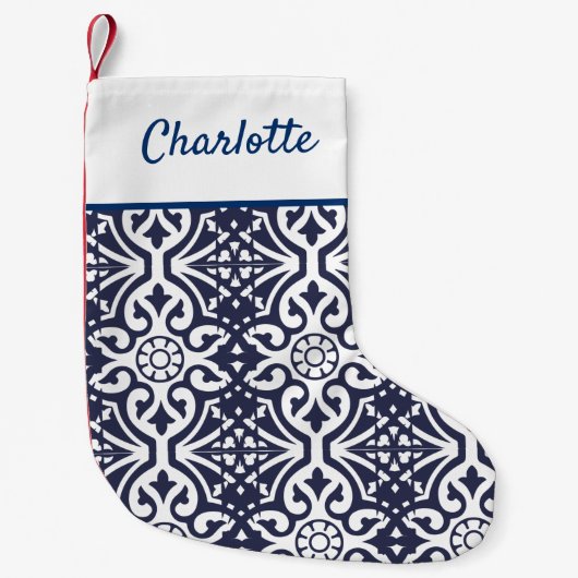 ハンプトンネイビーブルー&ホワイトタラベーラタイル スモールクリスマスストッキング (正面)