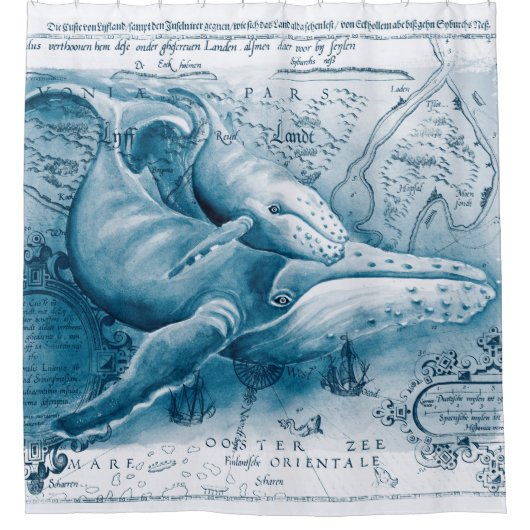 ハンプバックス·ブルー·ヴィンテージ·マップ シャワーカーテン (正面)