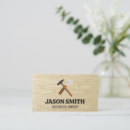 ハンマーとレンチ |建築 |木目パターン 名刺 (スタンド正面)