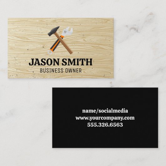 ハンマーとレンチ |建築 |木目パターン 名刺 (正面/裏面)