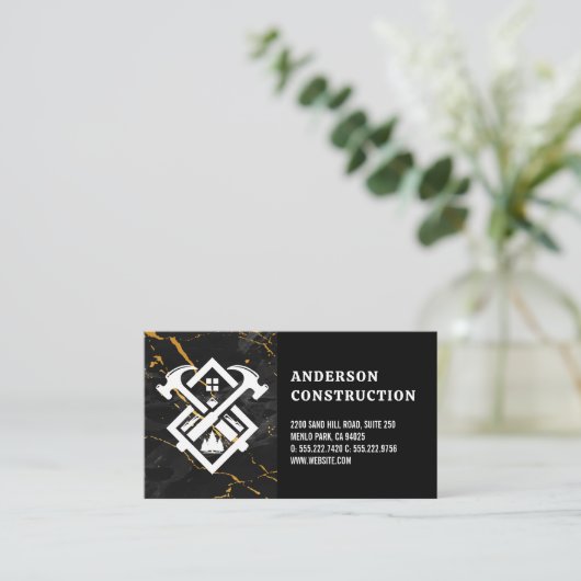 ハンマーハウスロゴ |黒い金ゴールド大理石 名刺 (スタンド正面)