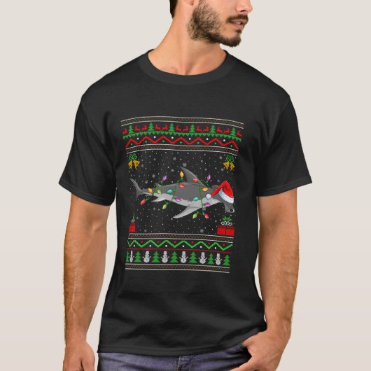 ハンマーヘッドシャーククリスマスライトサンタ醜い汗 Tシャツ (正面)
