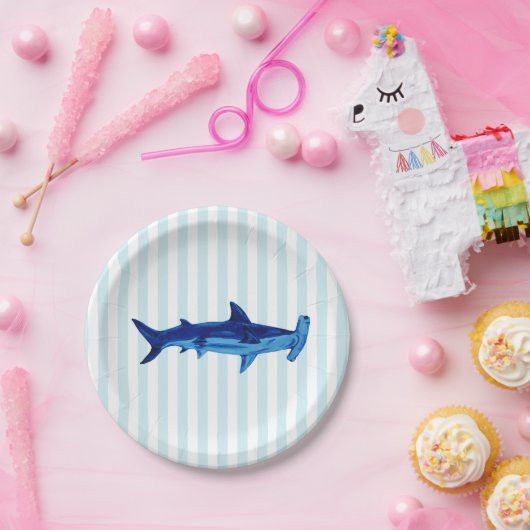 ハンマーヘッドシャーク絵を描ズブルーストライプ紙プレート ペーパープレート (パーティー)