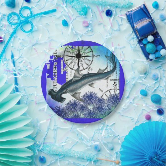 ハンマーヘッドシャーク航海のコラージアンダーウォーターブルー ペーパープレート (パーティー)