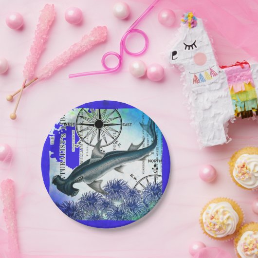 ハンマーヘッドシャーク航海のコラージアンダーウォーターブルー ペーパープレート (パーティー)