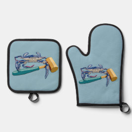 ハンマーマレット蟹の手描きブルーカニ 鍋つかみ&鍋敷きセット