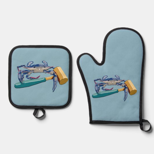 ハンマーマレット蟹の手描きブルーカニ 鍋つかみ&鍋敷きセット (正面)