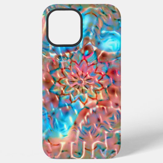 ハンマー加工ガラスの下の桃の花とアクアブルー iPhoneケース (裏面)
