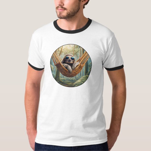ハンモックでくつろぐサングラスのナマケモノ Tシャツ (正面)
