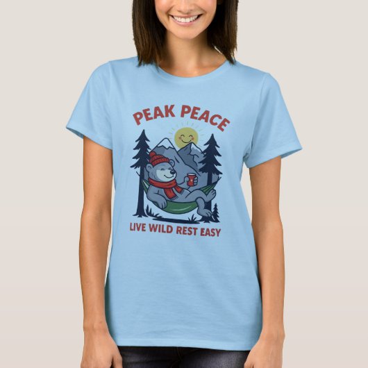 ハンモックでくつろぐPeak Peace Bear キャンプ Tシャツ (正面)