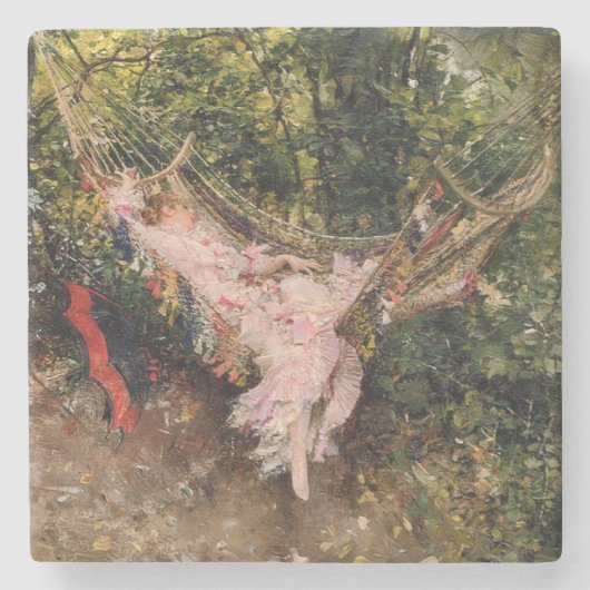 ハンモックで休む女性(byジョバンニ・ボルディーニ) ストーンコースター (正面)