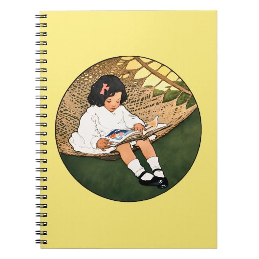 ハンモックで本を読むヴィンテージ風の少女のイラスト ノートブック (正面)