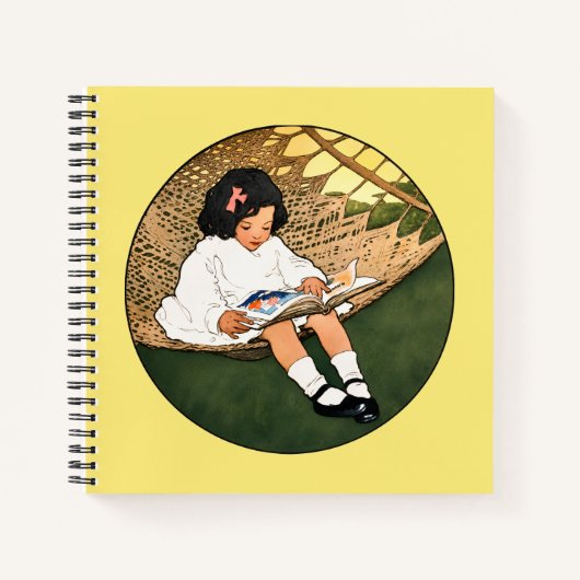 ハンモックで本を読むヴィンテージ風の少女  ノートブック (正面)