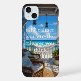 ハンモックとターコイズブルーの海のある海岸のベランダ iPhone 15 PLUSケース