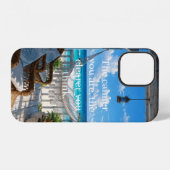 ハンモックとターコイズブルーの海のある海岸のベランダ iPhoneケース (裏面横)