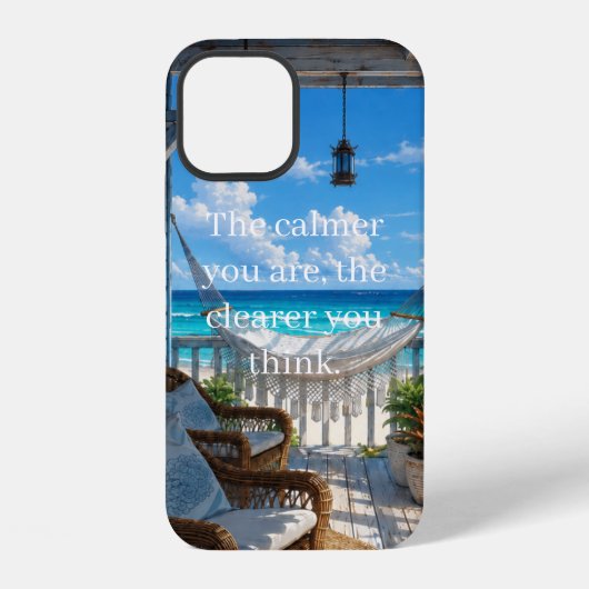 ハンモックとターコイズブルーの海のある海岸のベランダ iPhoneケース (裏面)