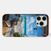ハンモックとターコイズブルーの海のある海岸のベランダ iPhoneケース (裏面横)