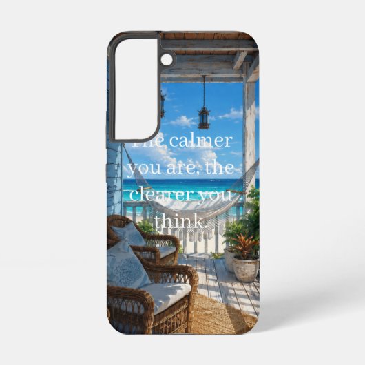 ハンモックとターコイズブルーの海のある海岸のベランダ SAMSUNG GALAXYケース (裏面)