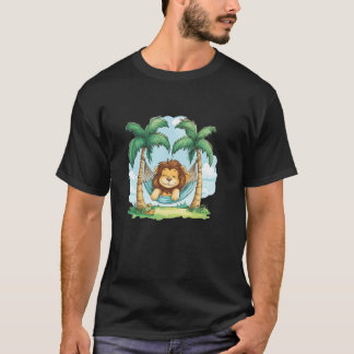 ハンモックとヤシの木のための面白いライオンのホリデーコスチューム Tシャツ