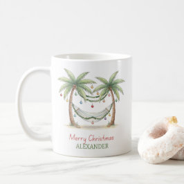 ハンモックのある海岸のクリスマスパームツリー コーヒーマグカップ