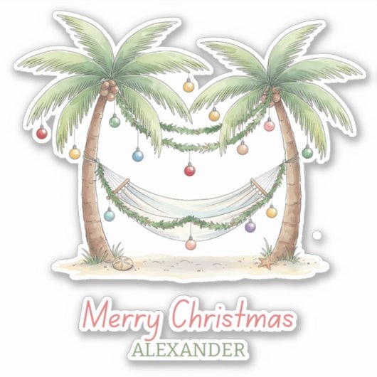 ハンモックのある海岸のクリスマスパームツリー シール (正面)