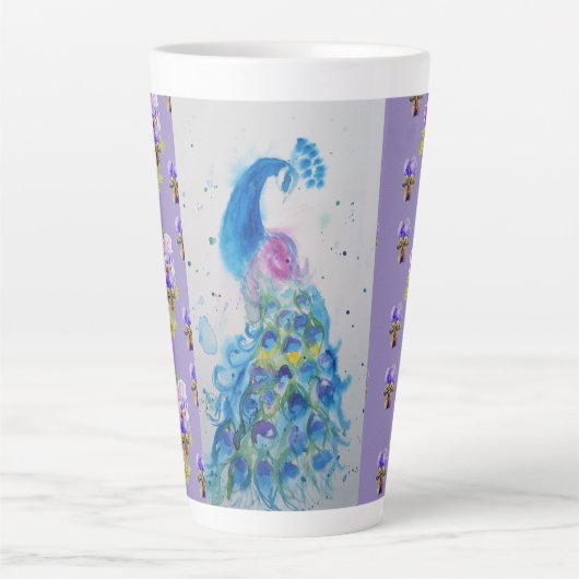 ハン絵を描ドパープルブルーピーコックフローララテマグ カフェラテマグ (正面)