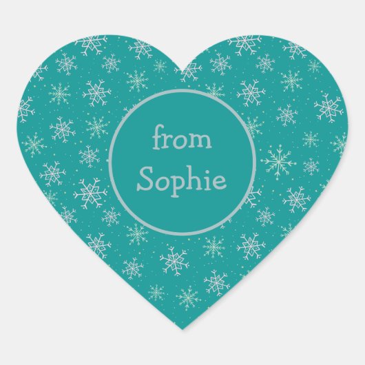 ハン絵を描ドホワイト&アクアスノーフレークonティール(緑がかった色)名 ハートシール (正面)