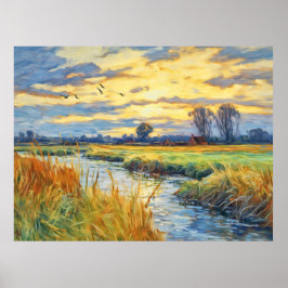 ハヴェル川の日没の反射 ポスター