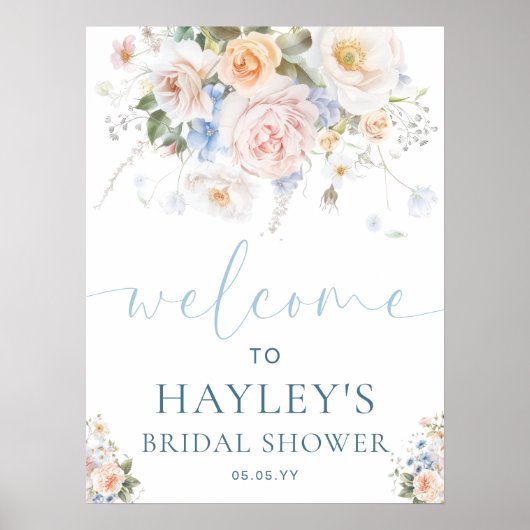 ハーグローブブルーフローラブライダルシャワーウェルカムサイン ポスター (正面)