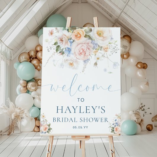 ハーグローブブルーフローラブライダルシャワーウェルカムサイン ポスター