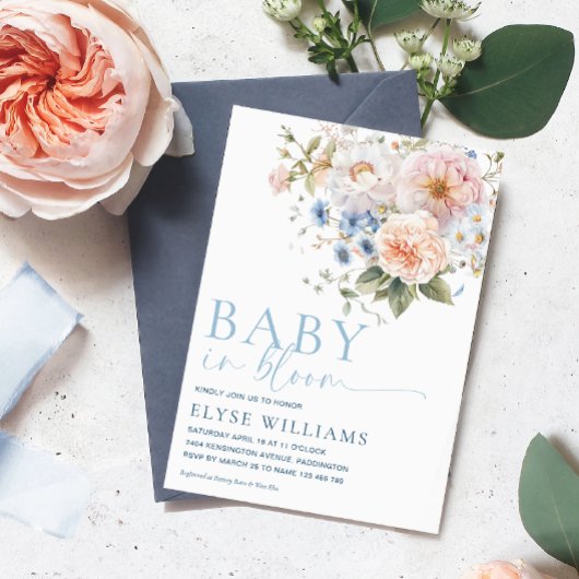 ハーグローブブルーフローラベビーイン開花ベビーシャワー 招待状