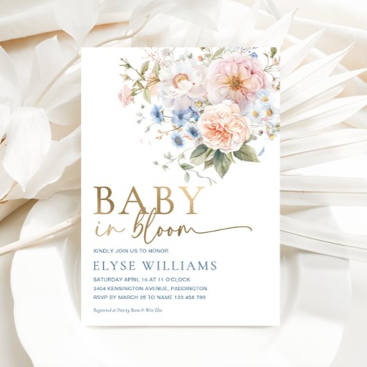 ハーグローブブルーフローラベビーイン開花ベビーシャワー 箔招待状