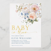 ハーグローブブルーフローラベビーイン開花ベビーシャワー 箔招待状 (正面)