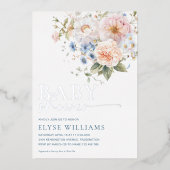 ハーグローブブルーフローラベビーシャワーシルバー 箔招待状 (正面)