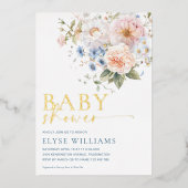 ハーグローブブルーフローラベビーシャワー金ゴールド 箔招待状 (正面)