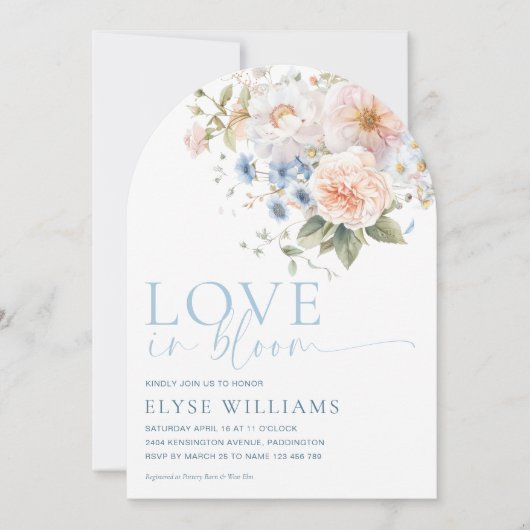 ハーグローブブルーフローララブイン開花ブライダルシャワー 招待状 (正面)