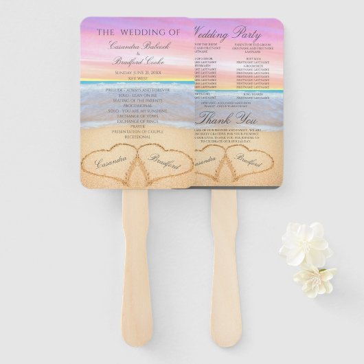 ハーツビーチウェディングセレモニープログラム ピンク パープル ハンドファン (正面&裏面)
