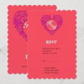 ハーティーパーティ ラズベリー＆マジェンタ ダマスク ハート 招待状 (正面/裏面)