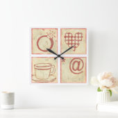 ハートおよびリングのWoodblockのスケッチ スクエア壁時計 (ホーム)