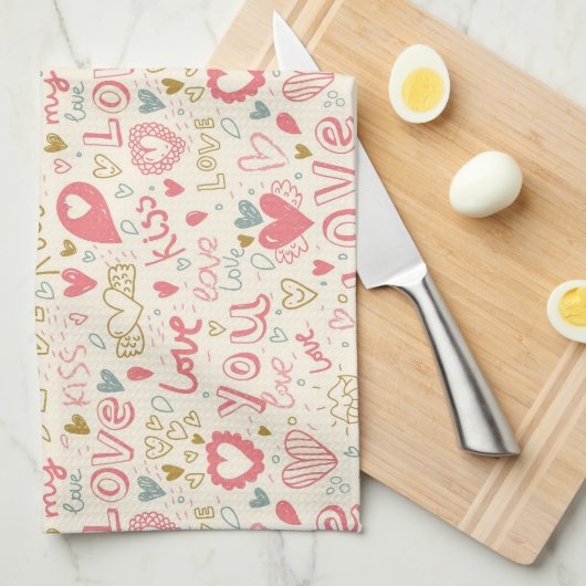 ハートおよび唇を搭載するロマンチックなパターン キッチンタオル (四つ折り)