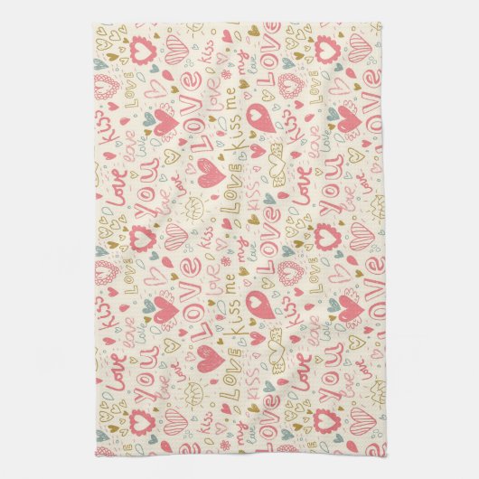 ハートおよび唇を搭載するロマンチックなパターン キッチンタオル (縦)