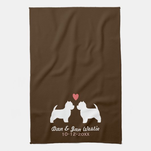 ハートおよび文字が付いているWestie犬のシルエット キッチンタオル (縦)
