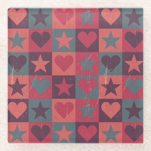 ハートおよび星パターンピンク ガラスコースター (正面)