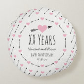 ハートおよび矢のパーソナライズな結婚記念日 ラウンドクッション (裏面)