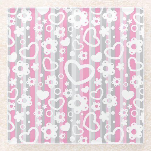 ハートおよび花が付いているパターン ガラスコースター (正面)