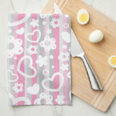 ハートおよび花が付いているパターン キッチンタオル (四つ折り)