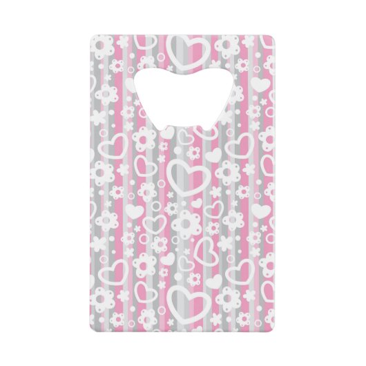 ハートおよび花が付いているパターン クレジットカード栓抜き (正面)