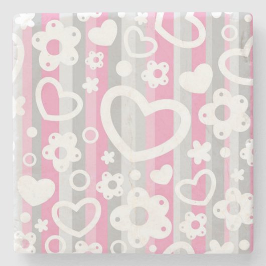 ハートおよび花が付いているパターン ストーンコースター (正面)