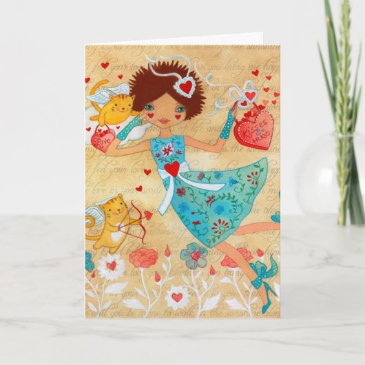 ハートおよび花を持つバレンタインデーのキューピッド猫 シーズンカード (正面)