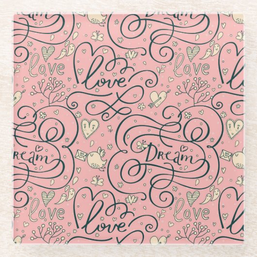 ハートおよび鳥が付いているロマンチックなパターン ガラスコースター (正面)